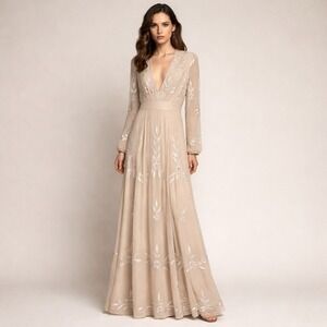 BHLDN Belize Maxi Dress Embroidered Beaded Long Sleeve V-Neck Gown Wedding 8